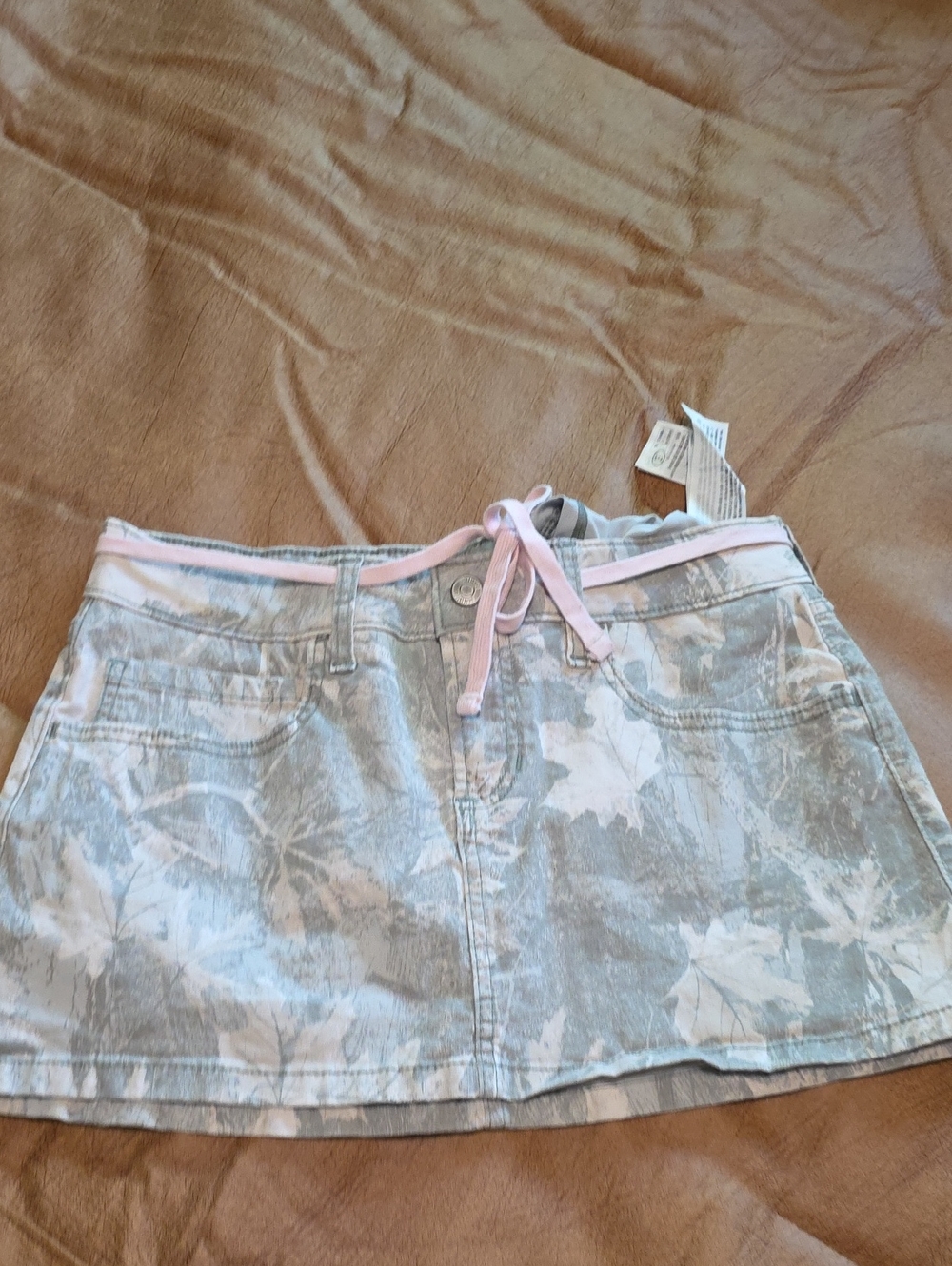 Hollister Light Gray Floral Denim Mini Skirt with Pink Waist Tie